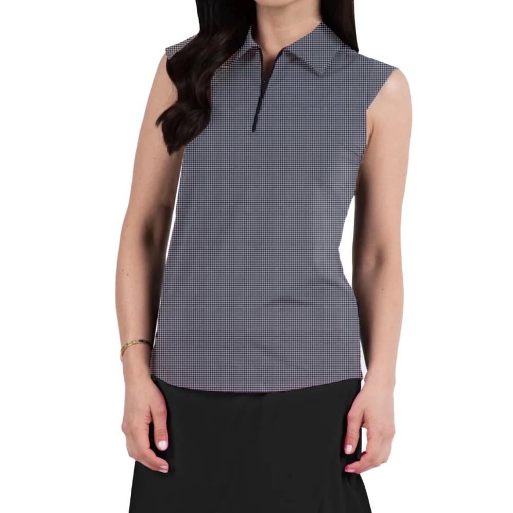 NWT IBKUL Sleeveless Zip Polo Mini Ceck Black & White Top Size Medium